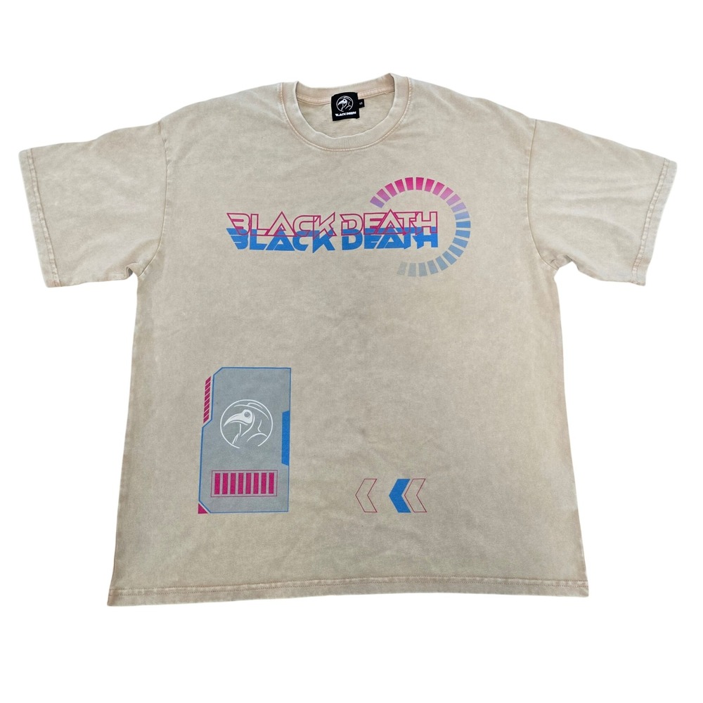 Black Death Chrome Junkie Cyberpunk‎ Acid Wash Graphic T-Shirt Tan Mens Small